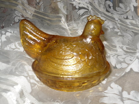 Vintage Amber Glass Hen Covered Dish
