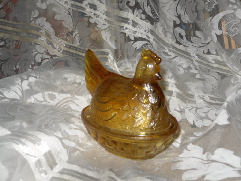 Vintage Amber Glass Hen Covered Dish