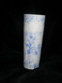 Vintage Art Pottery Blue & White Scenery Vase **Signed**