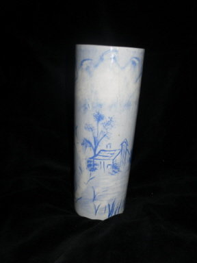 Vintage Art Pottery Blue & White Scenery Vase **Signed**
