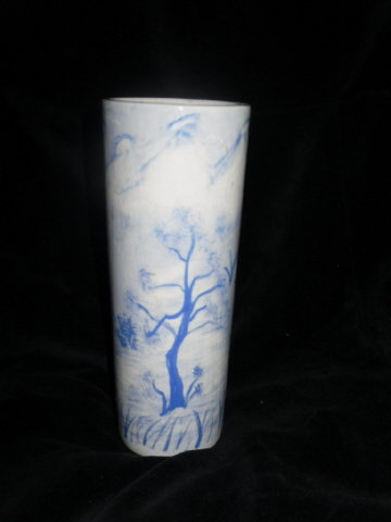 Vintage Art Pottery Blue & White Scenery Vase **Signed**