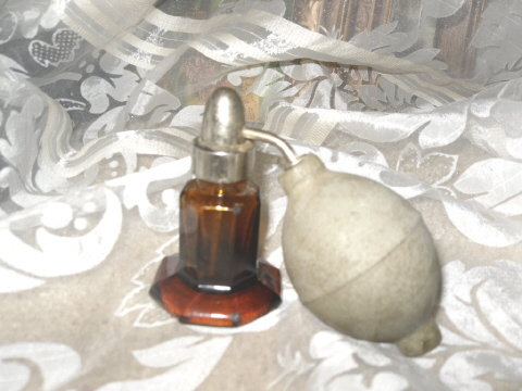 Vintage Amber Glass Perfume Bottle & Atomizer