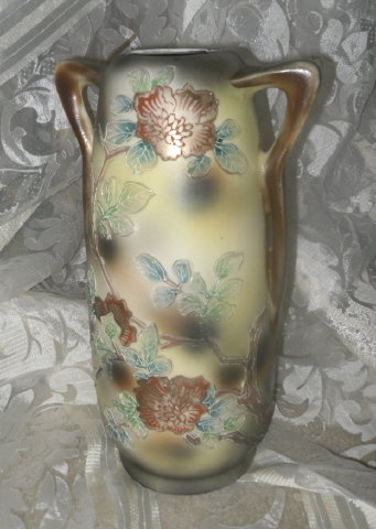 Vintage Porcelain Vase Double Handle w/Raised Flower Decoration