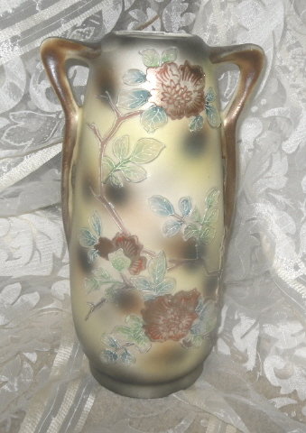 Vintage Porcelain Vase Double Handle w/Raised Flower Decoration