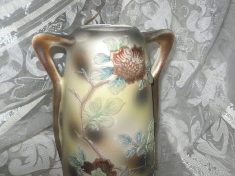 Vintage Porcelain Vase Double Handle w/Raised Flower Decoration