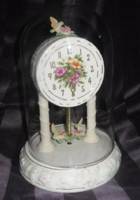 Porcelain Hummingbird Clock w/Glass Dome Cover