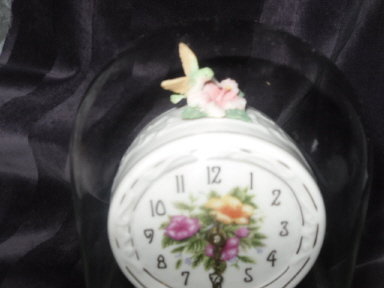 Porcelain Hummingbird Clock w/Glass Dome Cover