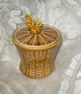 Vintage Porcelain Basketweave Jam Pot w/Rooster Lid