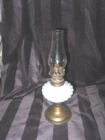 Vintage Small White Milk Glass Oil Lamp w/Clear Glass Chimney