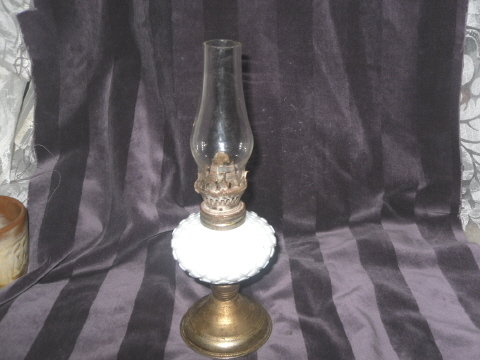 Vintage Small White Milk Glass Oil Lamp w/Clear Glass Chimney