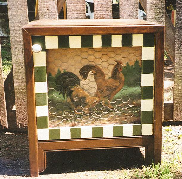 Wooden Cabinet w/Roosters & Chicken Wire