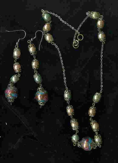 Vintage Lamp Work Bead Necklace & Earrings Set