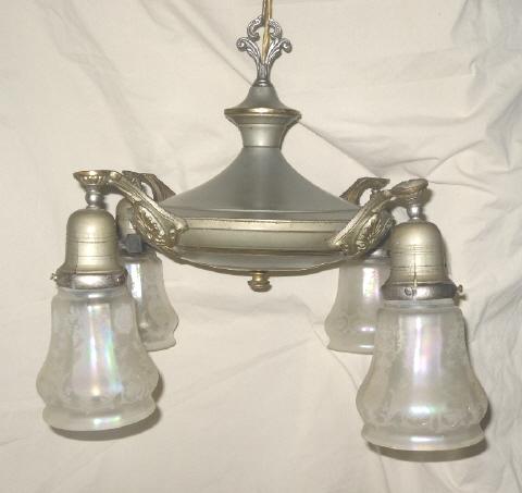Antique 4 Light Chandelier w/4 Art Glass Shades *** LOOK!! LOOK!! LOOK***