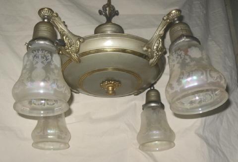 Antique 4 Light Chandelier w/4 Art Glass Shades *** LOOK!! LOOK!! LOOK***