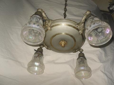 Antique 4 Light Chandelier w/4 Art Glass Shades *** LOOK!! LOOK!! LOOK***