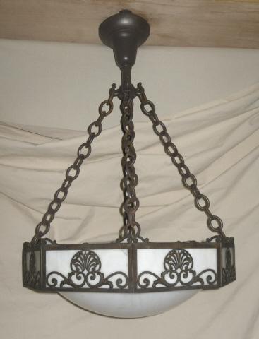 Antique Gravity Hook Light Fixture w/Leaded Glass Shade