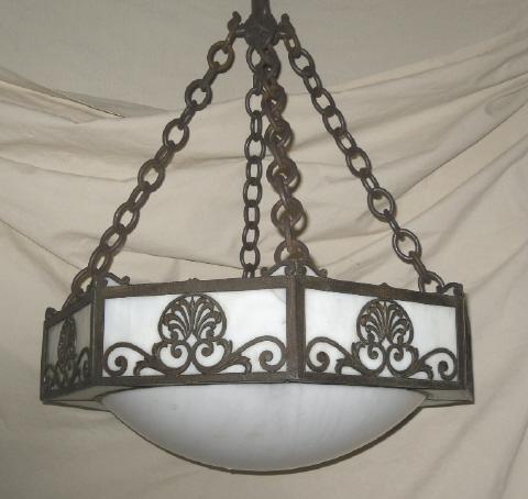 Antique Gravity Hook Light Fixture w/Leaded Glass Shade