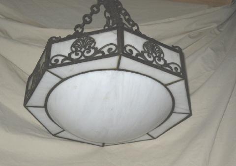 Antique Gravity Hook Light Fixture w/Leaded Glass Shade