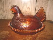 Vintage Amber Glass Hen on Nest Covered Dish