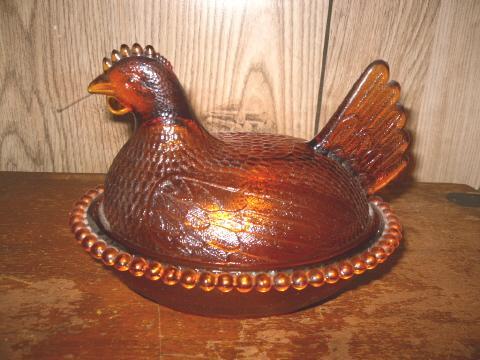 Vintage Amber Glass Hen on Nest Covered Dish
