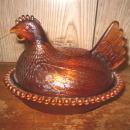 Vintage Amber Glass Hen on Nest Covered Dish