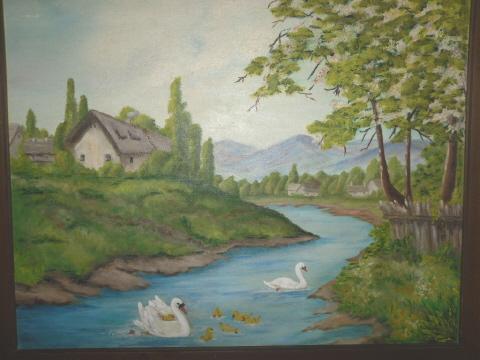 Vintage Swan Original Oil Painting