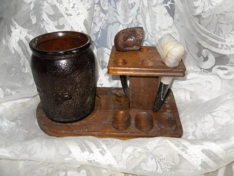 Vintage Wooden Pipe Stand w/Amber Glass Humidor
