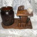 Vintage Wooden Pipe Stand w/Amber Glass Humidor