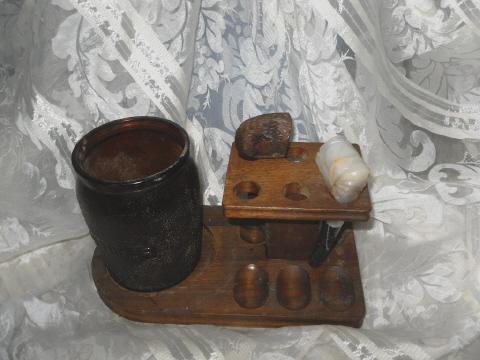 Vintage Wooden Pipe Stand w/Amber Glass Humidor