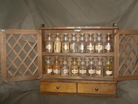 Vintage Wooden Spice Cabinet w/18 Spice Bottles