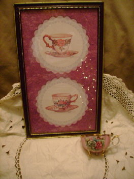 Victorian Style Teacup Picture w/Hand Crocheted Tablecloth