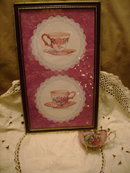 Victorian Style Teacup Picture w/Hand Crocheted Tablecloth