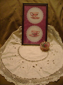 Victorian Style Teacup Picture w/Hand Crocheted Tablecloth