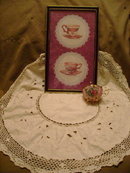 Victorian Style Teacup Picture w/Hand Crocheted Tablecloth