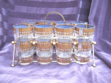 RETRO Vintage Glass Tumbler Set **9 Pieces** w/Metal Holder