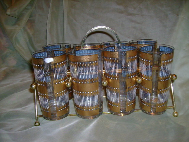 RETRO Vintage Glass Tumbler Set **9 Pieces** w/Metal Holder