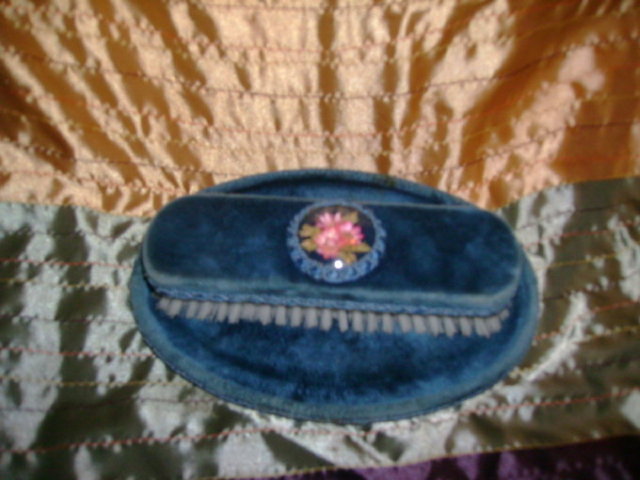 Vintage Velvet Covered Clothes Brush & Tray Set