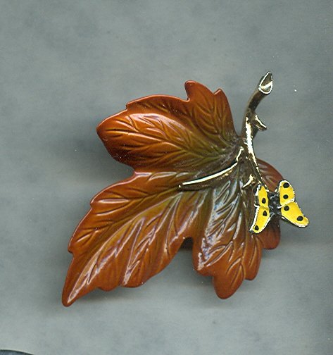 Vintage Enamel Fall Leaf & Butterfly Brooch