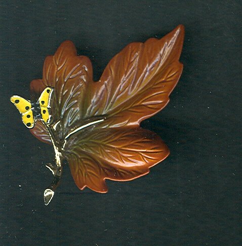 Vintage Enamel Fall Leaf & Butterfly Brooch