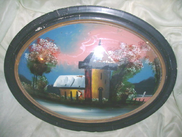 Vintage Reverse Painting on Concave Glass WFrame