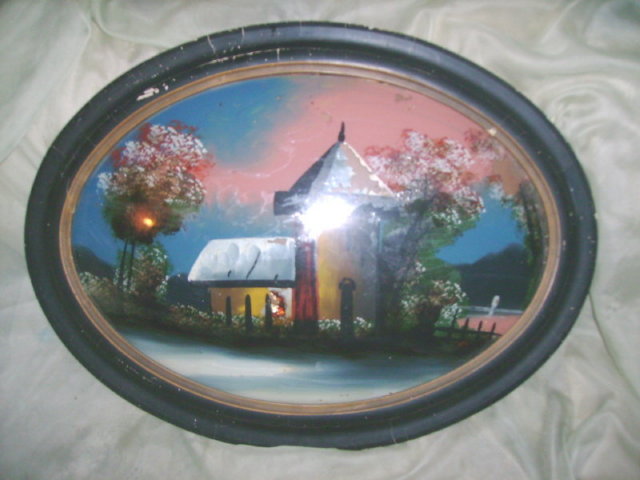 Vintage Reverse Painting on Concave Glass WFrame