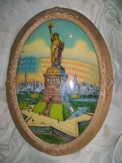 Vintage Reverse Painted Glass Painting of Statue of Liberty