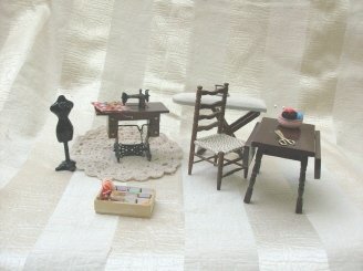 Doll Furniture Sewing Room Set w/Treadle Sewing Machine 6 Pieces