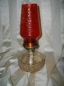 Vintage Clear Glass Oil Lamp w/Red Chimney