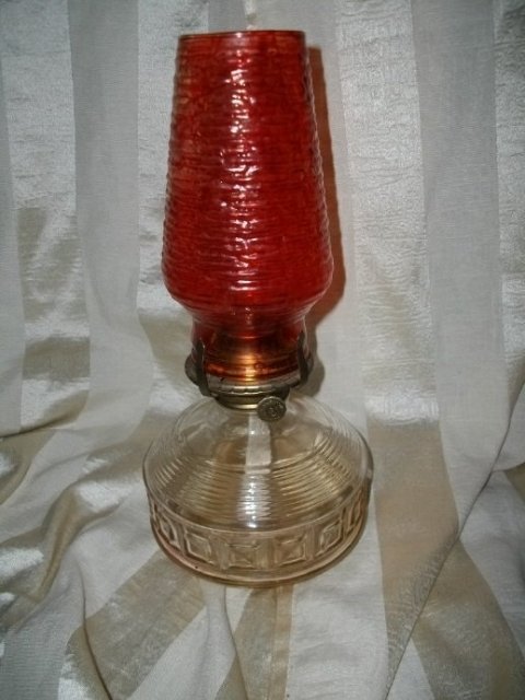 Vintage Clear Glass Oil Lamp w/Red Chimney