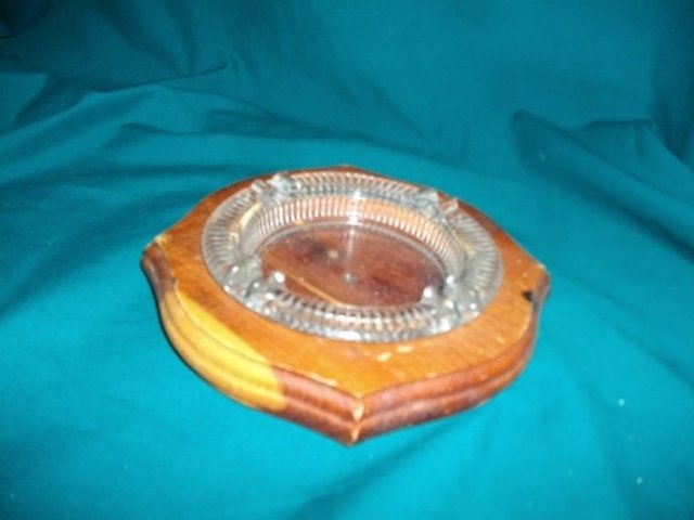 Vintage Glass Ashtray w/ Cedar Holder