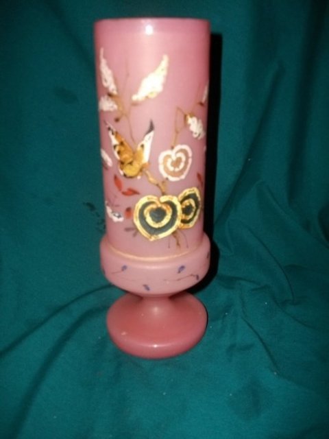Vintage Pink Satin Glass Vase w/Applied Decoration