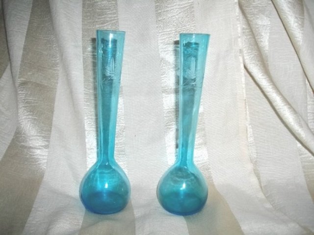Vintage Pair of Etched Aqua Glass Bud Vases
