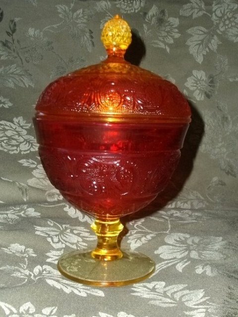 Vintage Amberina Glass Pedestal Dish w/Cover