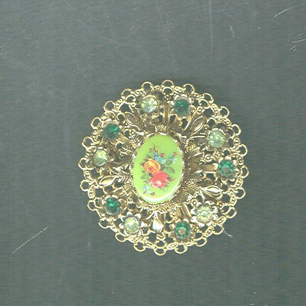 Vintage Green & Goldtone Brooch